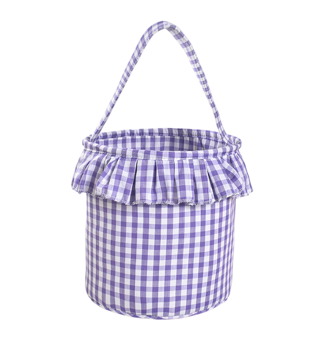 A purple and white gingham check fabric basket with a matching fabric handle and a ruffled trim around the top.